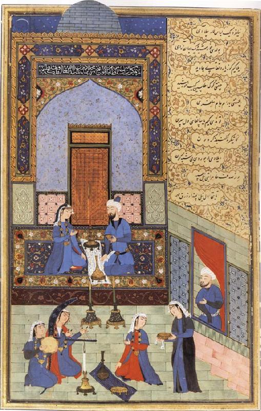 Ali She Nawat Prince Bahram-i-Gor,dressed in blue,listen to the tale of the Princess of the Blue Pavilion